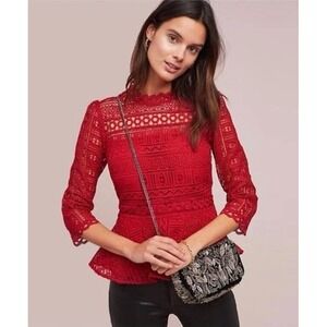 Moulinette Soeurs for Anthropologie Tamera Red Lace Top Size 8 Eyelet Peplum
